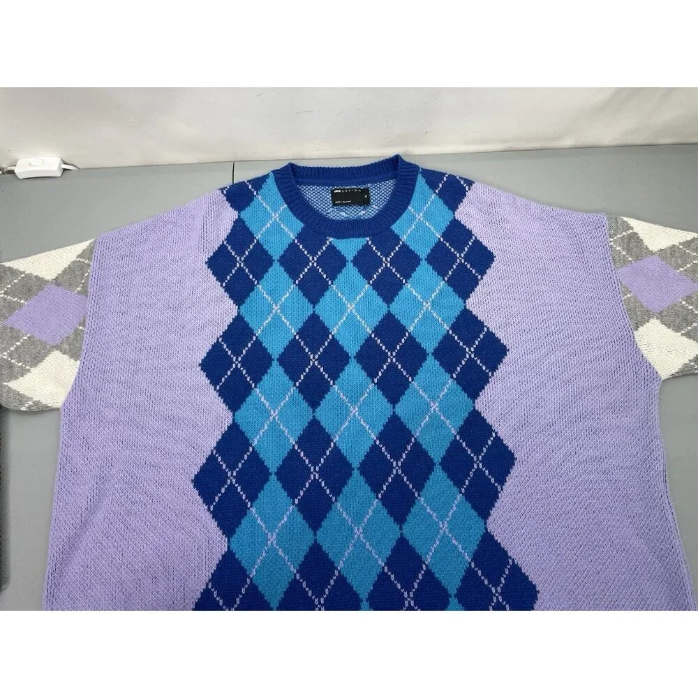 Asos Design Argyle Sweater Crew Neck Knit Preppy Oversized Purple Blue Mens XL